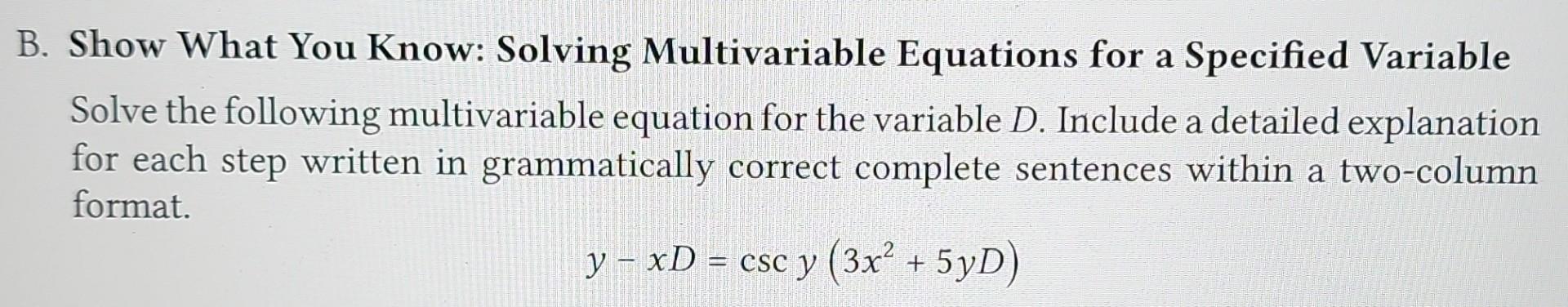 Solved B. Show What You Know: Solving Multivariable | Chegg.com