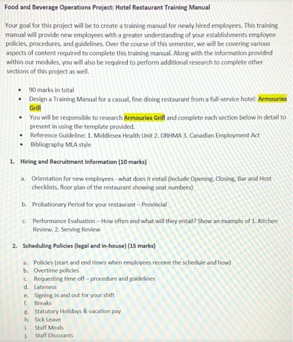 Food and Beverage Operations Project: Hotel | Chegg.com