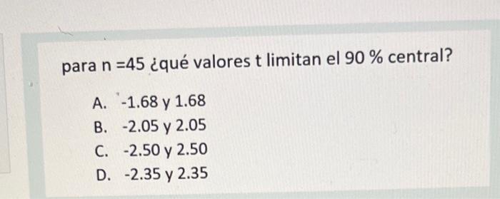 para \( \mathrm{n}=45 \) ¿qué valores \( t \) limitan el \( 90 \% \) central? A. \( -1.68 \) y \( 1.68 \) B. \( -2.05 \) y \(