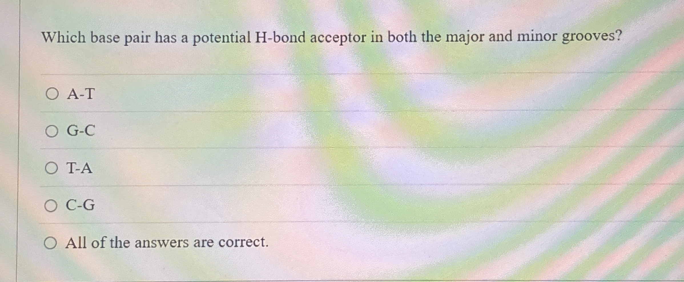 Solved Which base pair has a potential H-bond acceptor in | Chegg.com