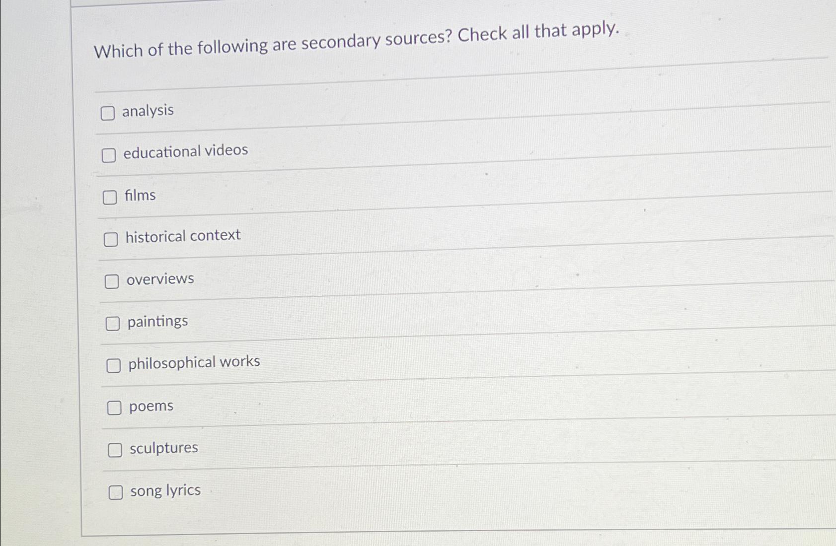 Solved Which Of The Following Are Secondary Sources? Check | Chegg.com