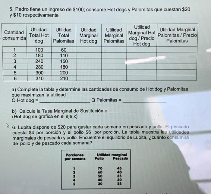 5. Pedro tiene un ingreso de \( \$ 100 \); consume Hot dogs y Palomitas que cuestan \( \$ 20 \) y \( \$ 10 \) respectivamente