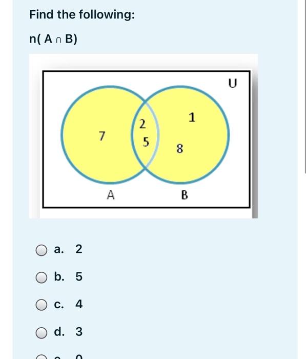 Solved Find The Following: N( An B) U 1 1 2 7 5 8 A B A. 2 | Chegg.com