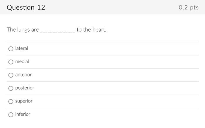 Question 12 0.2 pts The lungs are to the heart. O lateral O medial anterior posterior superior O inferior