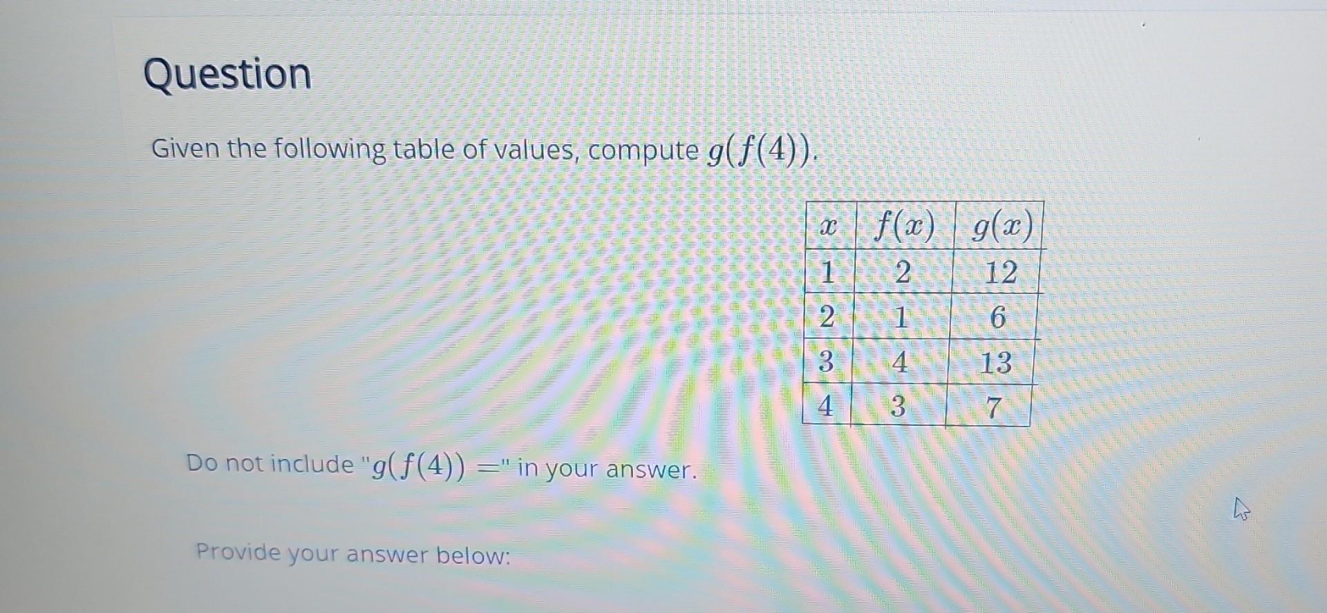 Solved Given The Following Table Of Values, Compute G(f(4)). | Chegg.com