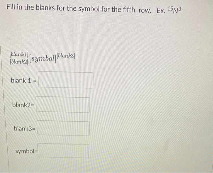 Fill in the blanks for the symbol for the fifth row. Ex. 15N³-
[blank1]
[blank2] [symbol] [blank3]
blank 1 =
blank2=
blank3=
