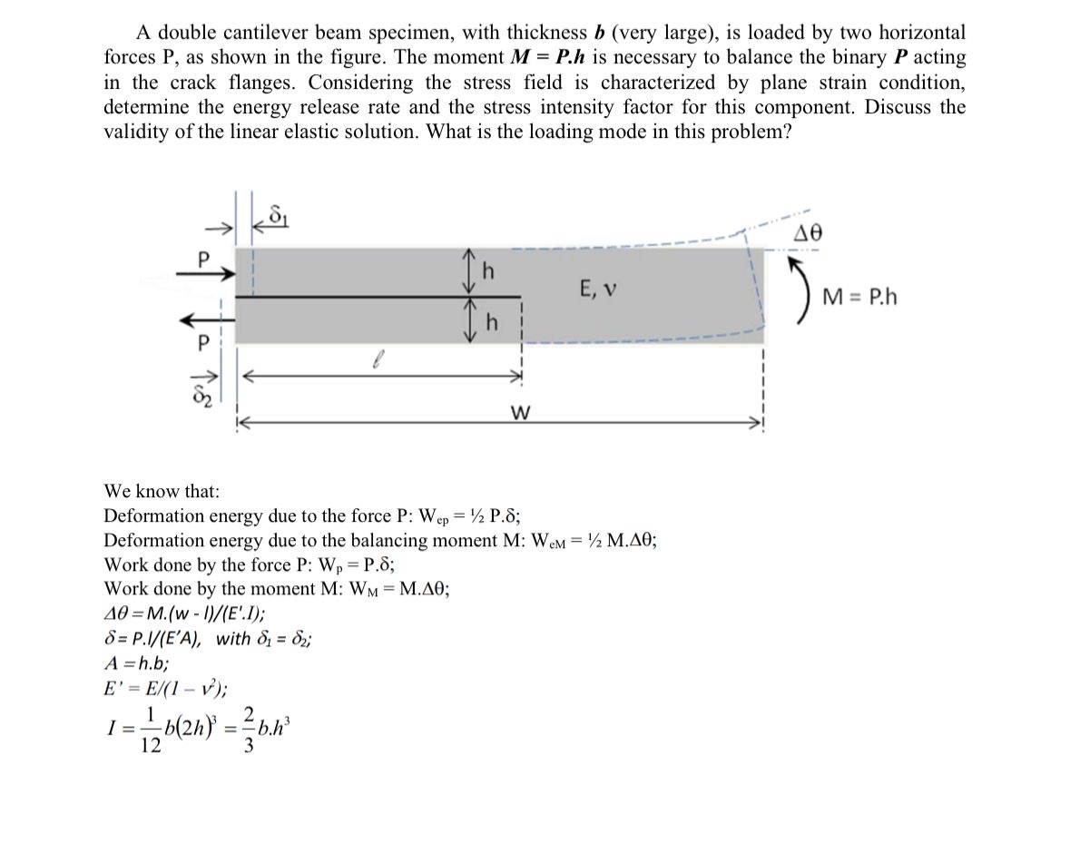 Solved A double cantilever beam specimen, with thickness | Chegg.com