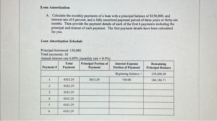 Loan Amortization
A. Calculate the monthly payments of a loan with a principal balance of \( \$ 150,000 \), and interest rate