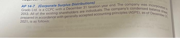 Solved AP 14-7 (Corporate Surplus Distributions) Grado Ltd. | Chegg.com