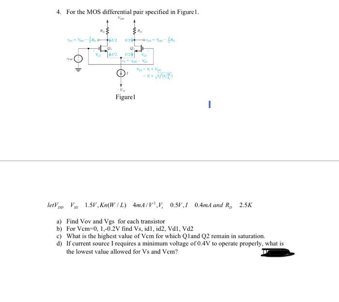 Solved 4. For the MOS differential pair specified in | Chegg.com