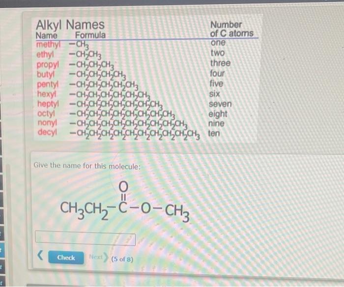 Solved Alkyl Names Number Name Formula of C atoms methyl | Chegg.com