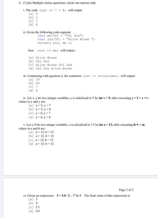 Solved 1) (3 pts) Multiple choice questions: circle one | Chegg.com