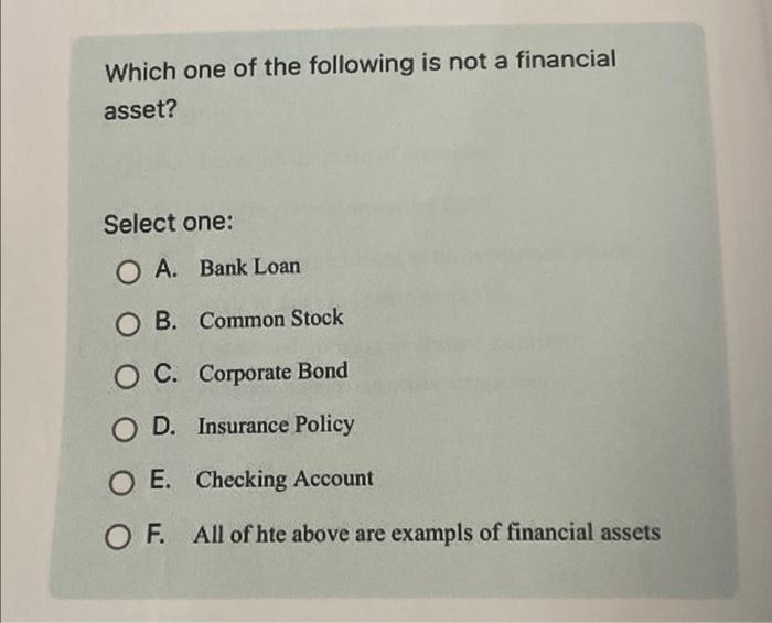 Solved Which One Of The Following Is Not A Financial Asset? | Chegg.com