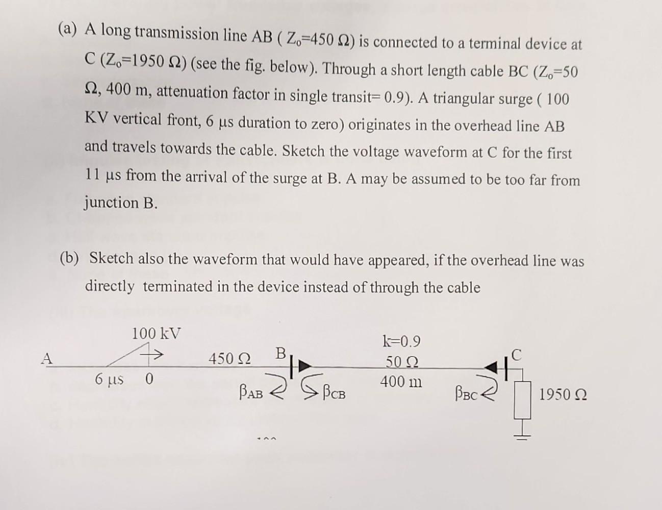 (a) A long transmission line AB(Z0=450Ω) is connected