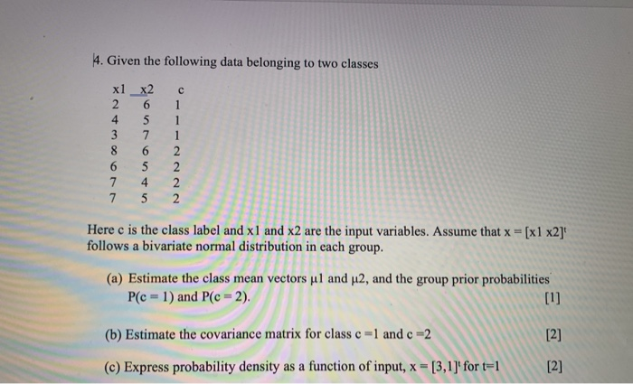 Solved 4. Given the following data belonging to two classes | Chegg.com