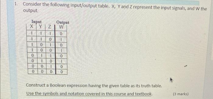 Solved 1. Consider the following input/output table. X, Yand | Chegg.com