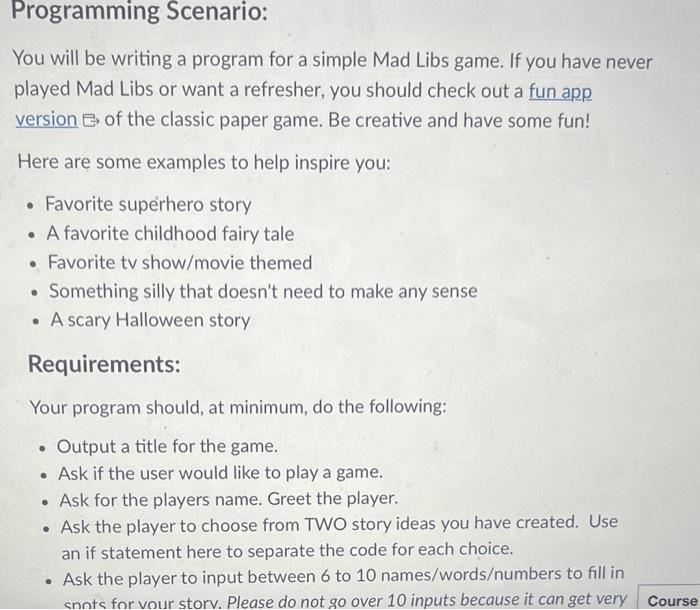 Solved For those who are not familiar with Mad Libs - It is | Chegg.com