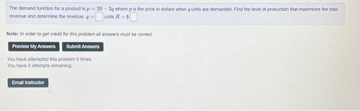 Solved The demand function for a product is p=20−2q where p | Chegg.com