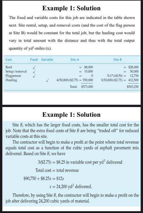 Solved Example 1: Solution The fixed and variable costs for | Chegg.com