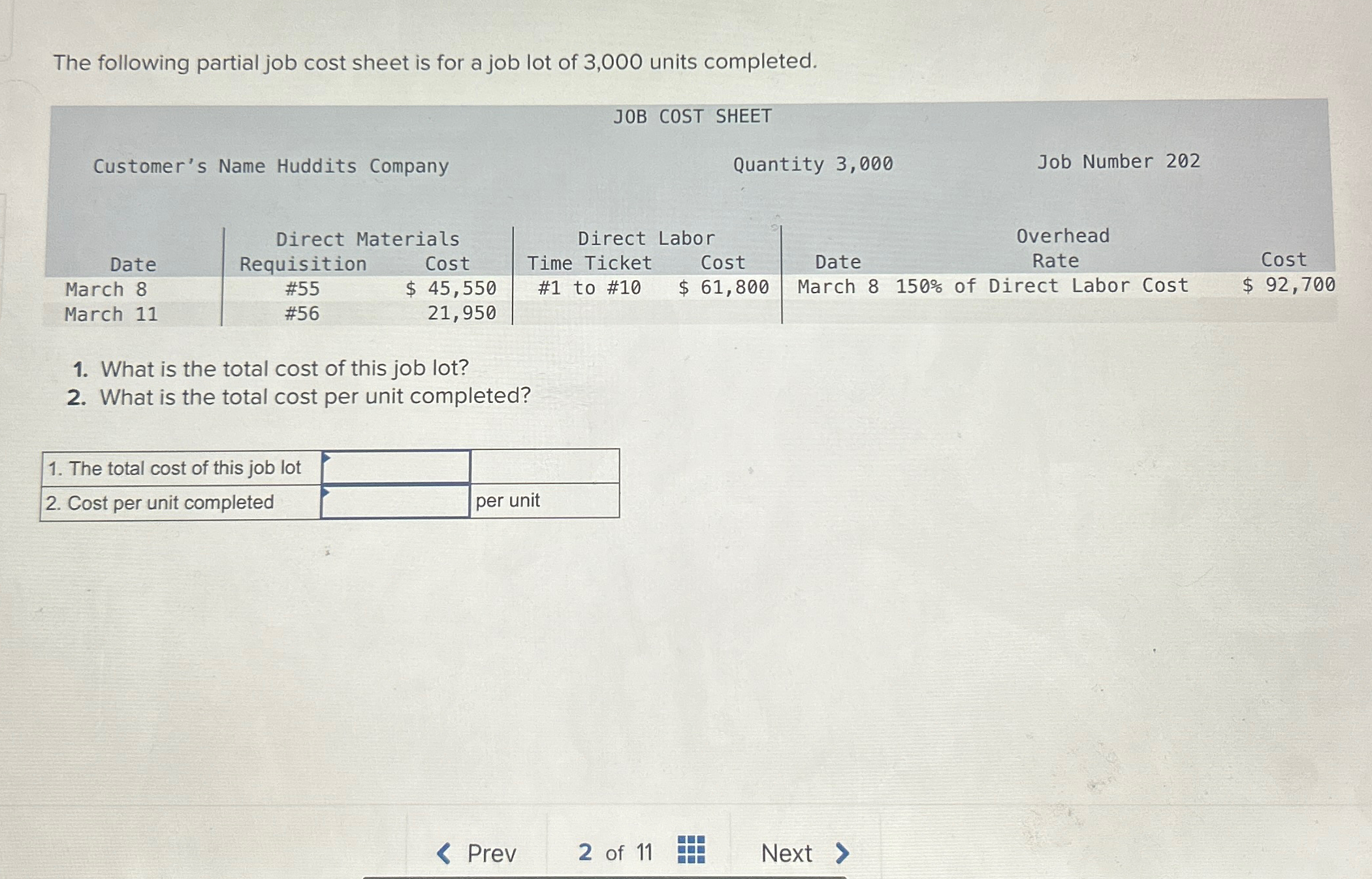 Solved The following partial job cost sheet is for a job lot | Chegg.com