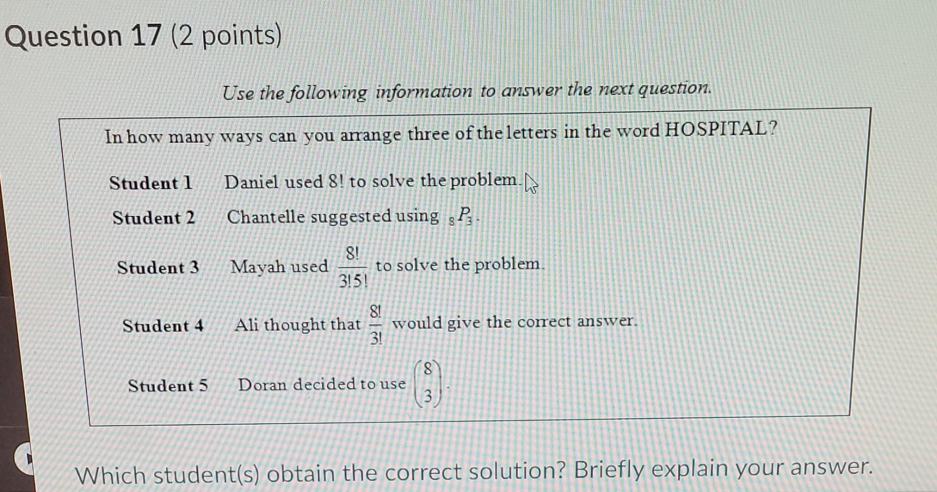 Solved Question 17 (2 points) Use the following information | Chegg.com