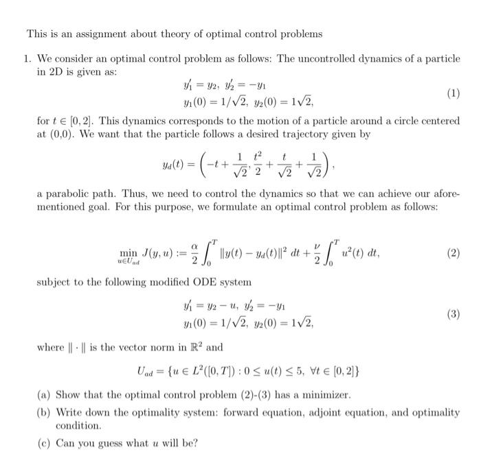 Solved This is an assignment about theory of optimal control | Chegg.com