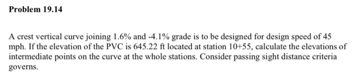Solved Problem 19.14 A crest vertical curve joining 1.6% and | Chegg.com