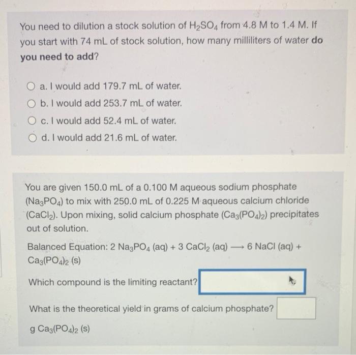 Solved You need to dilution a stock solution of H2SO4 from