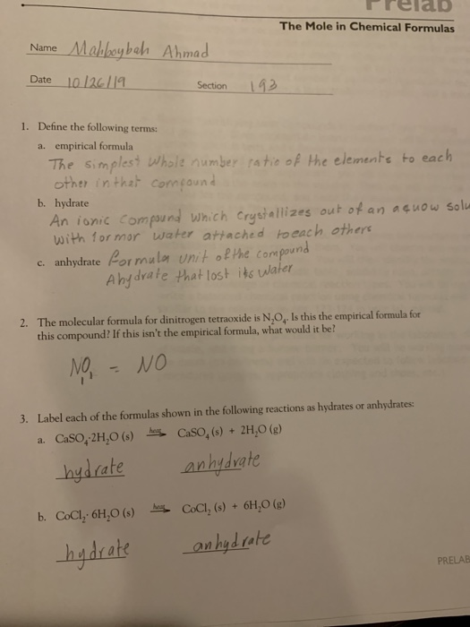 Solved Prelab The Mole In Chemical Formulas Name Mahboyba Chegg Com