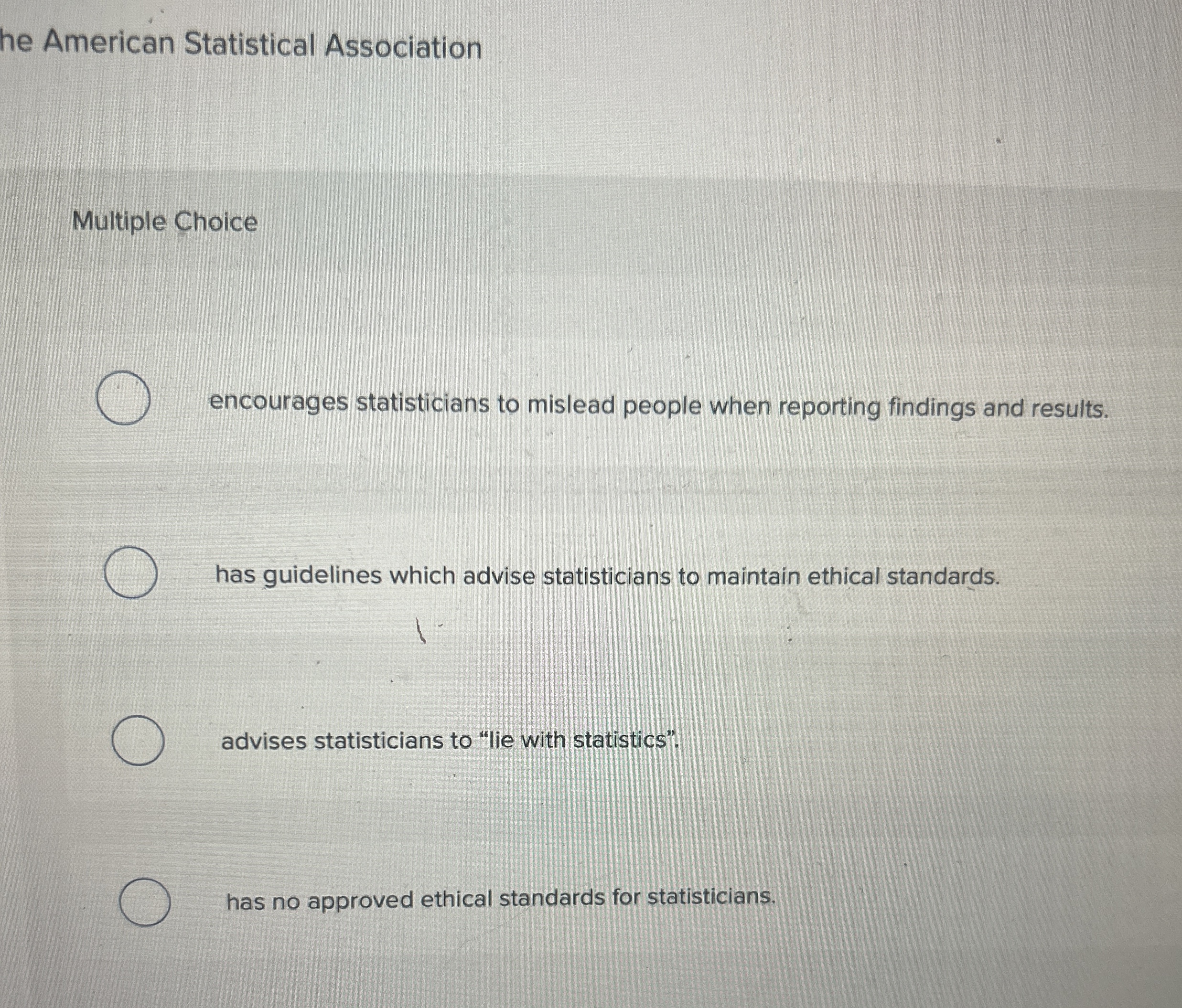 Solved he American Statistical AssociationMultiple Choice | Chegg.com