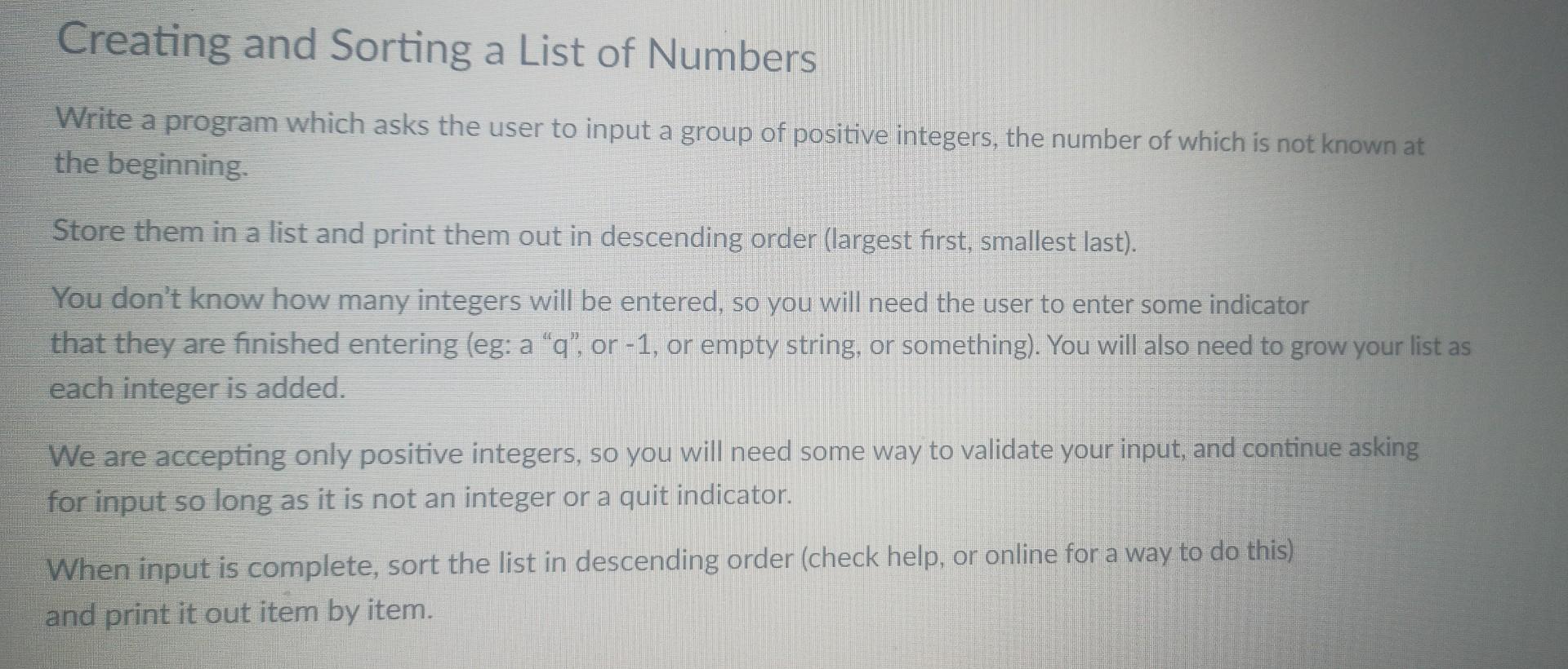 Solved Creating and Sorting a List of Numbers Write a | Chegg.com