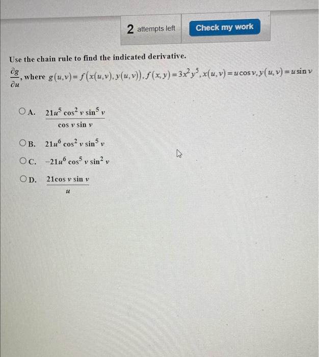 Use the chain rule to find the indicated derivative. \( \frac{\partial g}{\partial u} \), where \( g(u, v)=f(x(u, v), y(u, v)