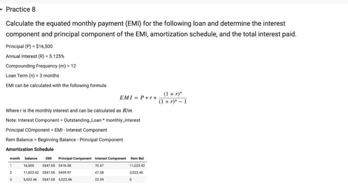 Solved Calculate the equated monthly payment (EMI) for the | Chegg.com