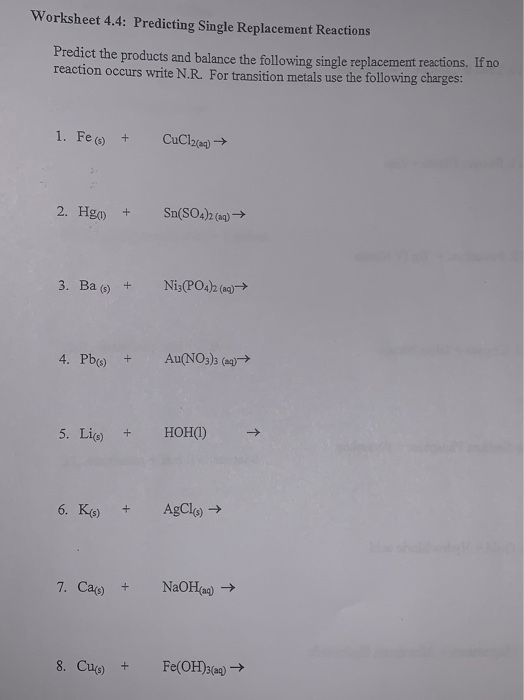 Worksheet 4.4: Predicting Single Replacement | Chegg.com