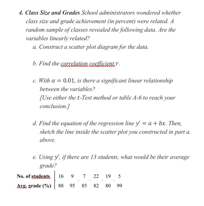 4. Class Size and Grades School administrators wondered whether class size and grade achievement (in percent) were related. A