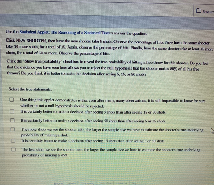 Solved Resour Use The Statistical Applet The Reasoning Of Chegg Com