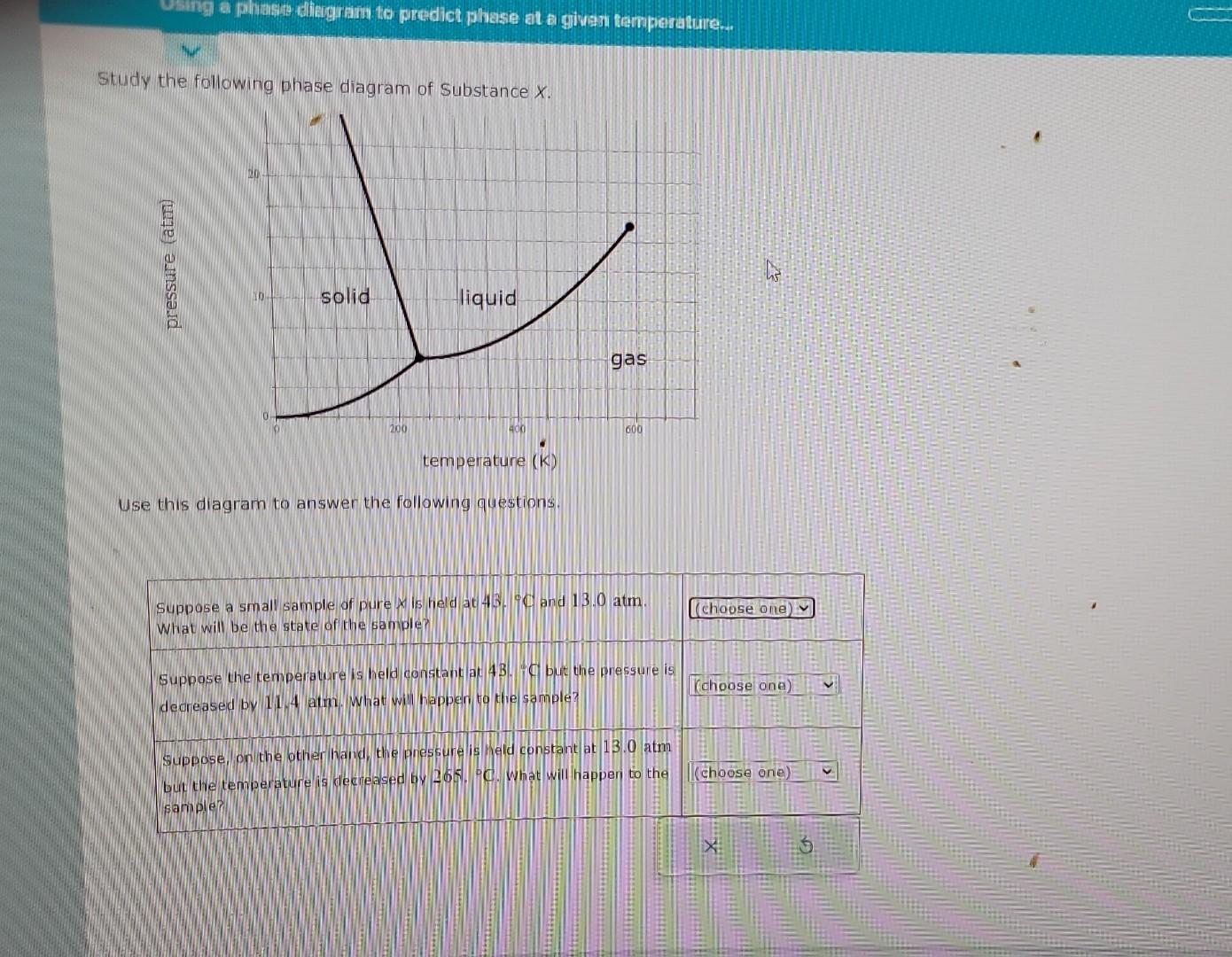 Study the following phase diagram of Substance \( X \).
Use this diagram to answer the following questions.