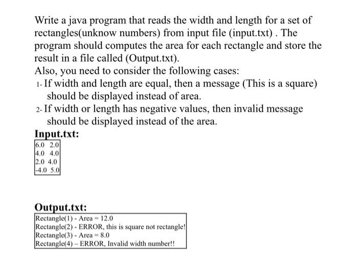 Solved Write a java program that reads the width and length | Chegg.com