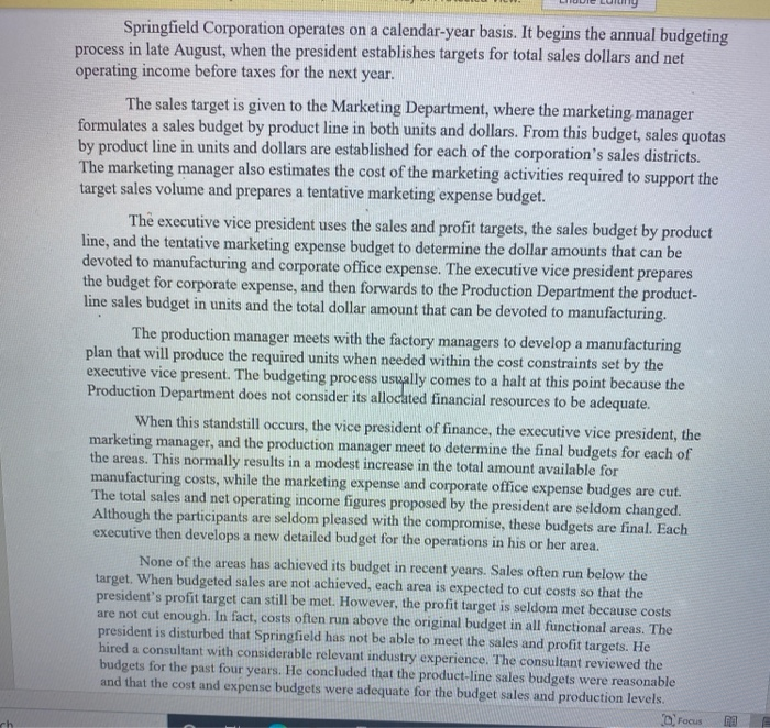 Solved Springfield Corporation operates on a calendaryear