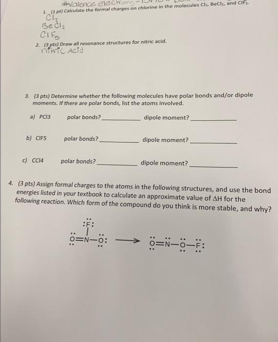 Solved 1. (1 pt) Calculate the formal charges on chlorine in