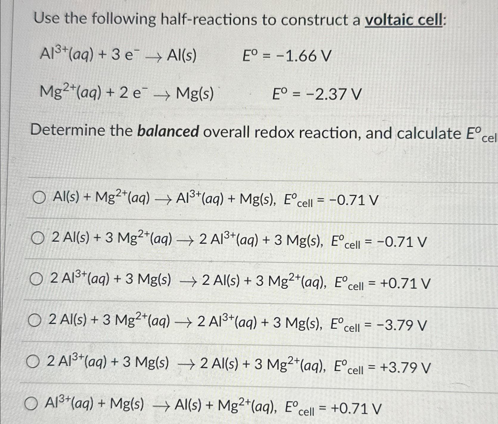 Solved Use The Following Half-reactions To Construct A | Chegg.com