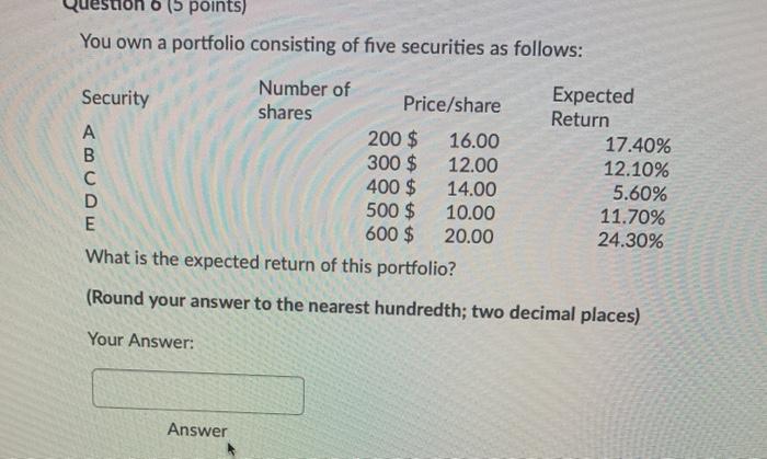 Solved 6 (5 points) You own a portfolio consisting of five | Chegg.com