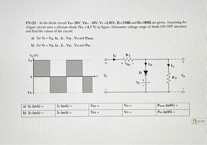 Solved FN.Q2- In the diode circuit Va= 20V, Vb - 10V, VT | Chegg.com