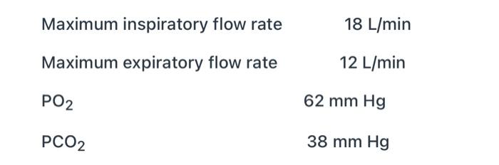 Maximum inspiratory flow rate 18 L/min Maximum expiratory flow rate 12 L/min PO2 62 mm Hg PCO2 38 mm Hg