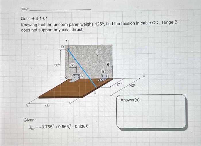 Solved Quiz: 4-3-1-01 Knowing that the uniform panel weighs | Chegg.com