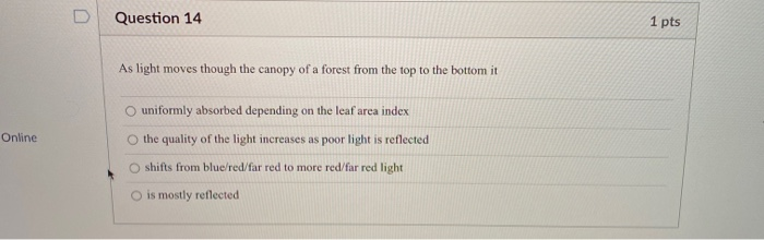 Solved D Question 14 1 pts As light moves though the canopy | Chegg.com