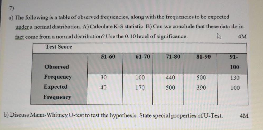 Solved 7) a) The following is a table of observed | Chegg.com