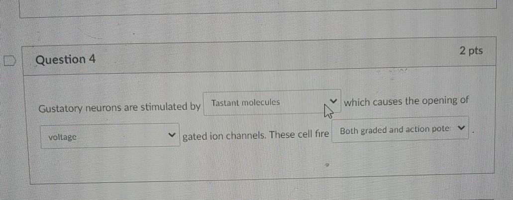2 pts Question 4 which causes the opening of Gustatory neurons are stimulated by Tastant molecules voltage gated ion channels
