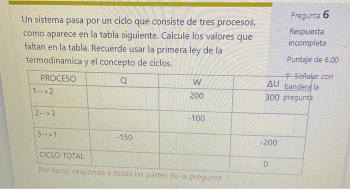 Un sistema pasa por un ciclo que consiste de tres procesos, como aparece en la tabla siguiente. Calcule los valores que falta