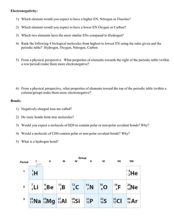 Solved Electronegativity: 1) Which element would you expect | Chegg.com